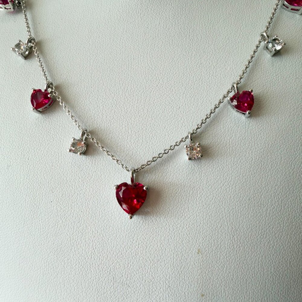 Beautiful Created Ruby & Created White Sapphire Heart Sterling Silver Necklace - Picture 14 of 15